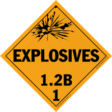 Diamond-shaped orange warning sign for explosives hazard class 1.2B.