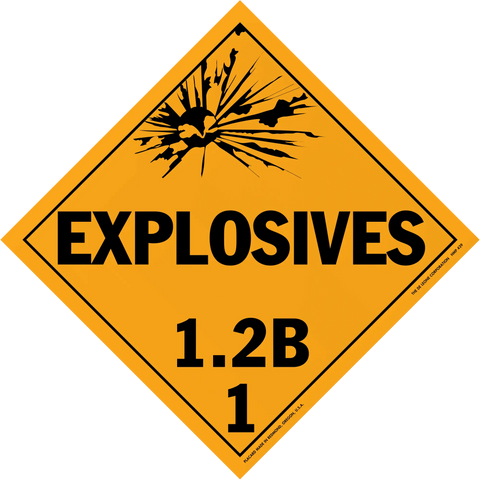 Diamond-shaped orange warning sign for explosives hazard class 1.2B.