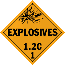 Diamond-shaped orange warning sign for explosives with hazard class 1.2C.