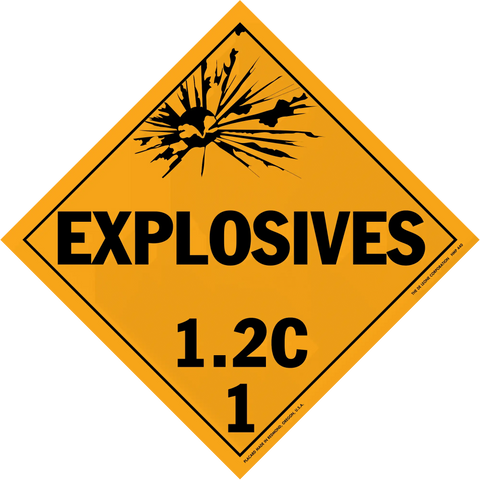 Diamond-shaped orange warning sign for explosives with hazard class 1.2C.