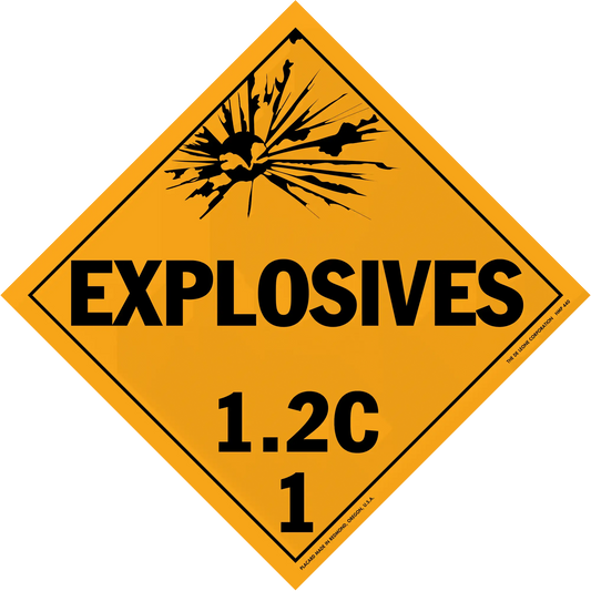 Diamond-shaped orange warning sign for explosives with hazard class 1.2C.