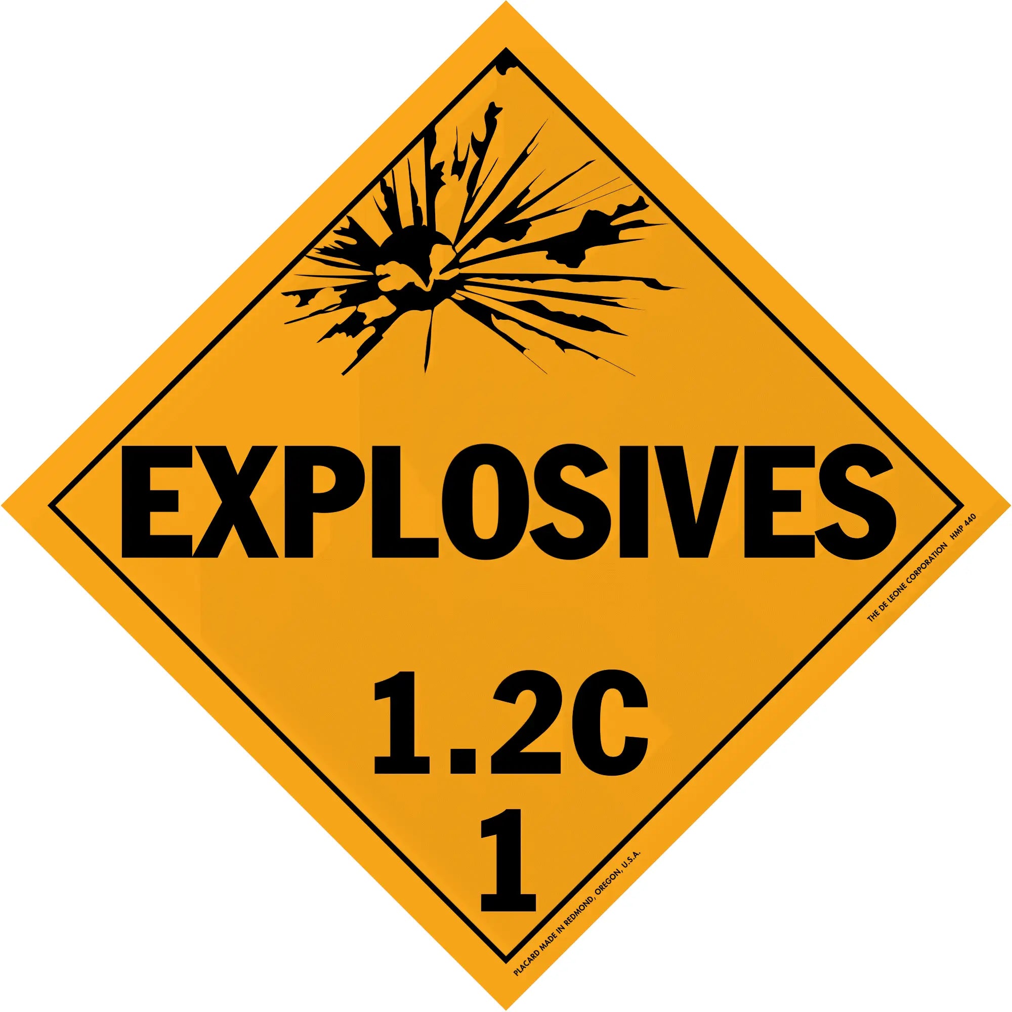 Diamond-shaped orange warning sign for explosives with hazard class 1.2C.