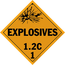 Diamond-shaped orange warning sign for explosives with classification code 1.2C.