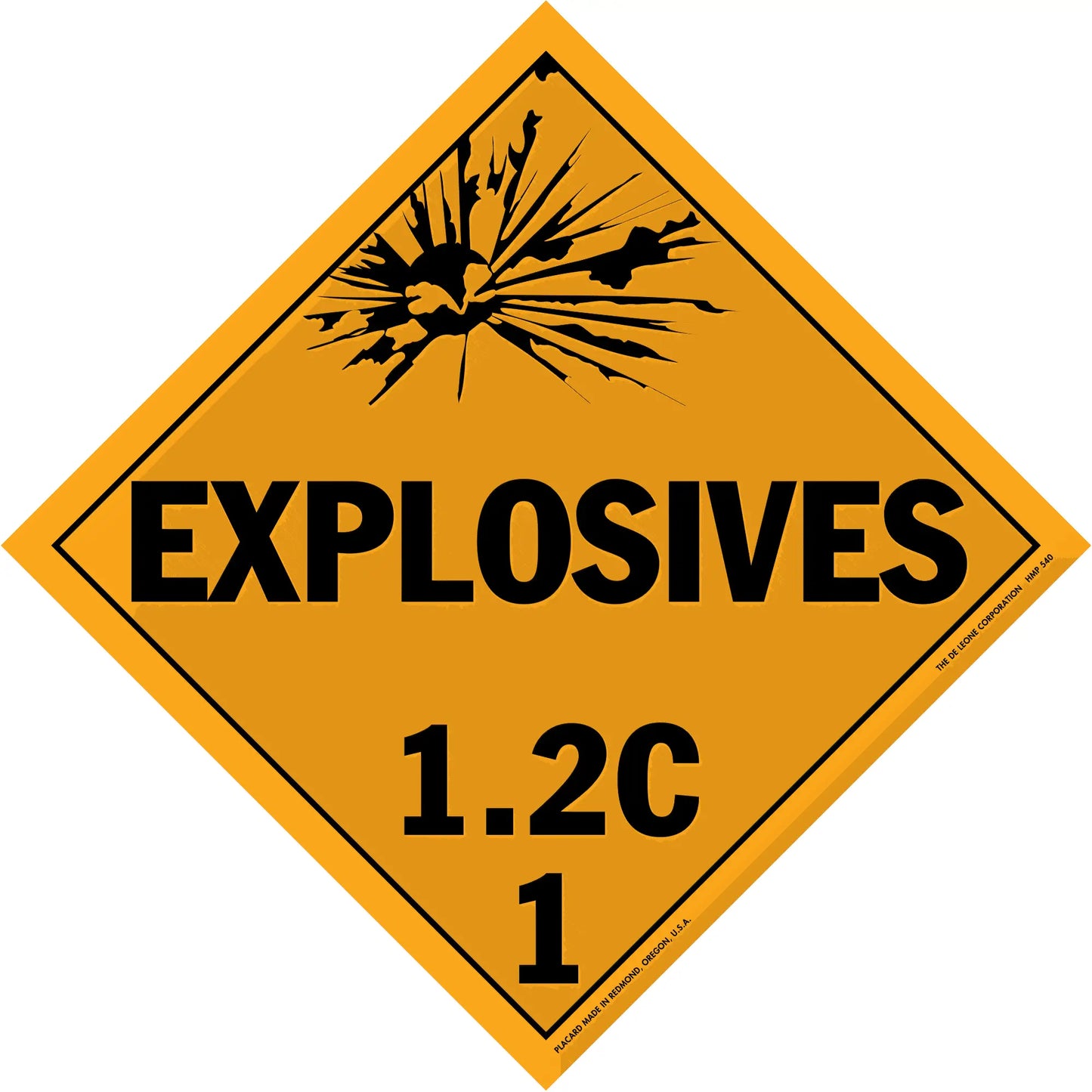 Diamond-shaped orange warning sign for explosives with classification code 1.2C.