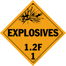 Diamond-shaped orange warning sign for explosives with classification 1.2F.