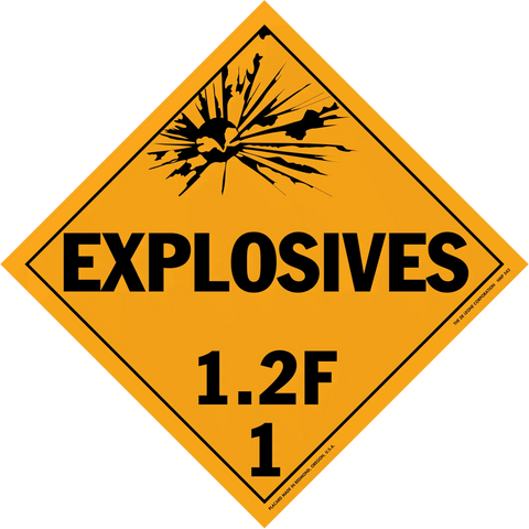 Diamond-shaped orange warning sign for explosives with classification 1.2F.