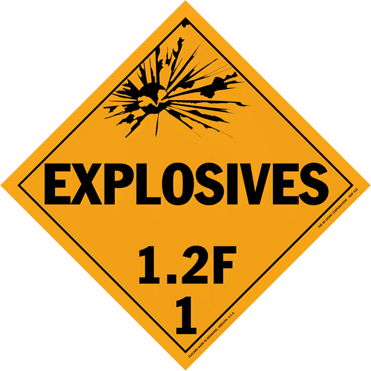 Diamond-shaped orange warning sign for explosives with classification 1.2F.