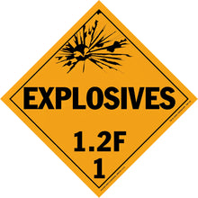Diamond-shaped orange warning sign for explosives with classification 1.2F.