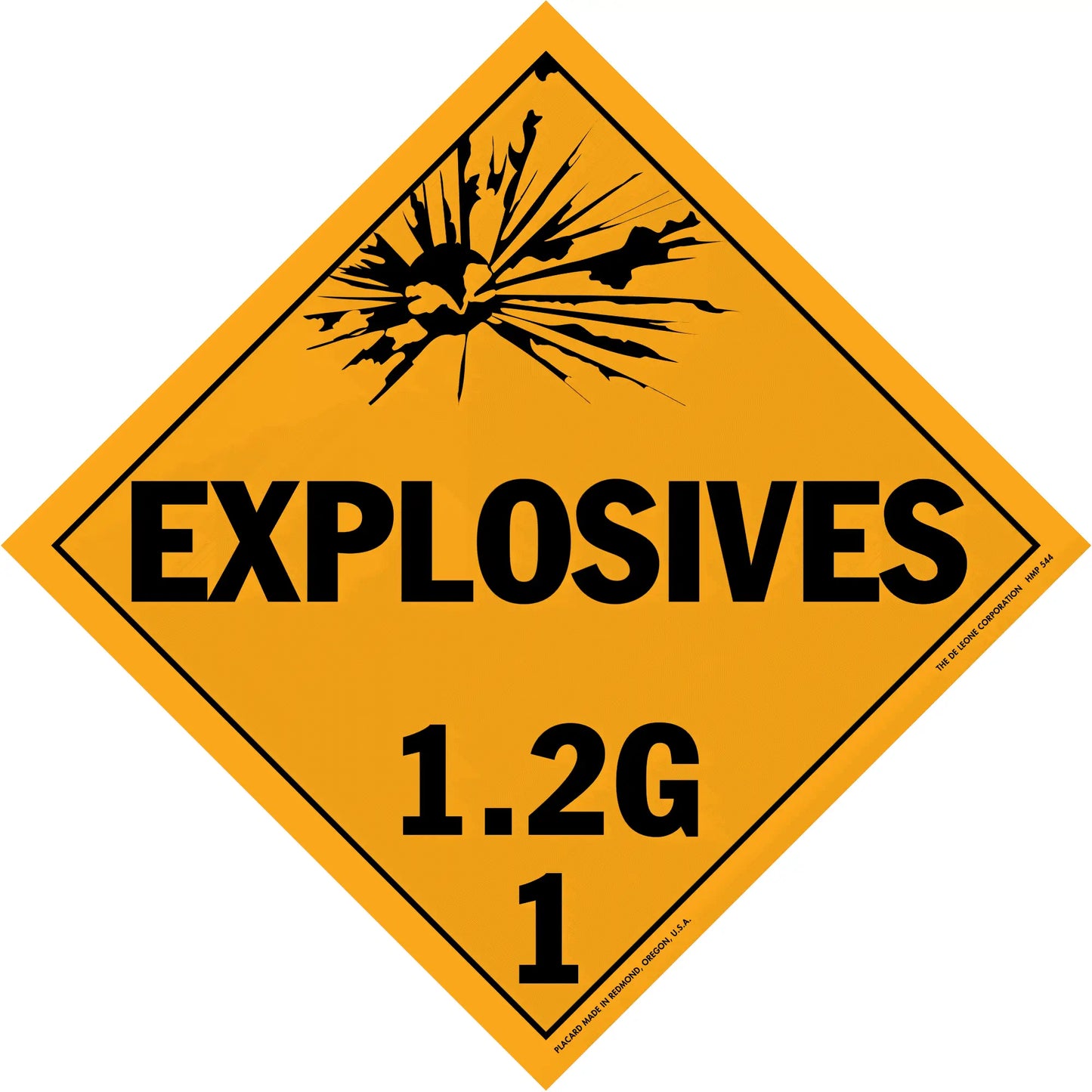 Diamond-shaped orange warning sign for explosives class 1.2G hazardous materials.