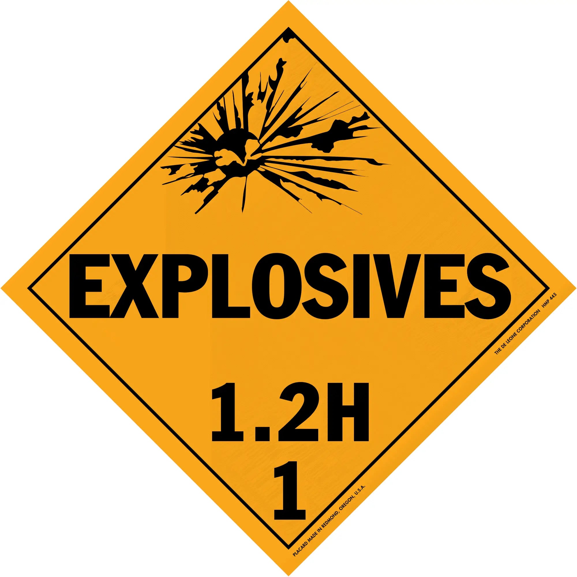 Diamond-shaped orange warning sign for explosives with classification code 1.2H1.