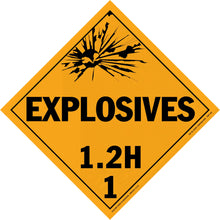 Diamond-shaped orange warning sign for explosives with classification code 1.2H1.