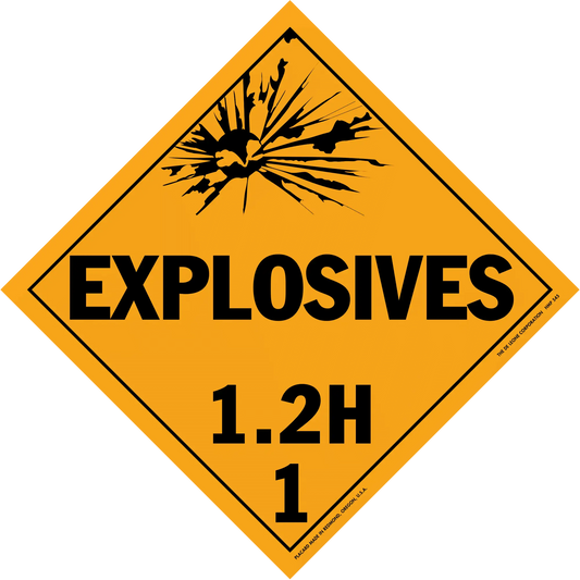 Diamond-shaped orange warning sign for explosives with hazard class 1.2H.