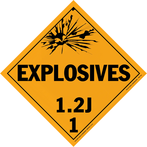 Diamond-shaped orange warning sign for explosives with hazard class 1.2J.