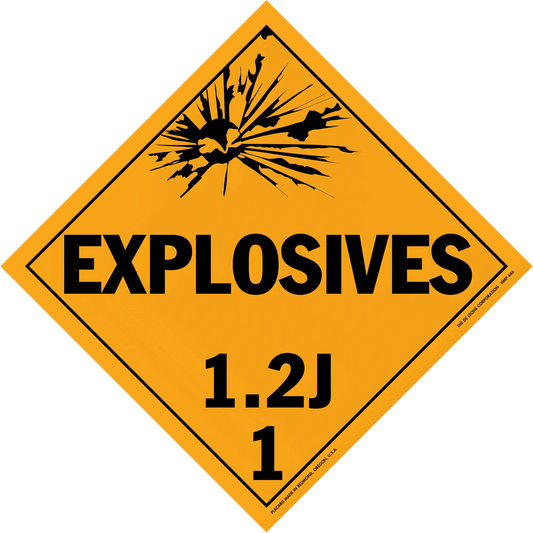 Diamond-shaped orange warning sign for explosives with hazard class 1.2J.