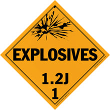 Diamond-shaped orange warning sign for explosives with hazard class 1.2J.