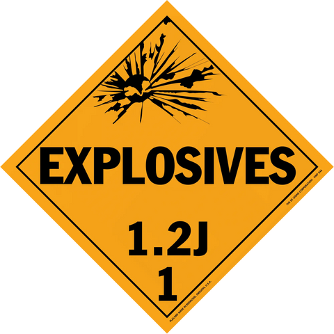 Diamond-shaped orange warning sign for explosives with hazard class 1.2J.