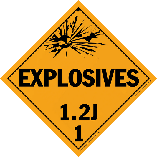 Diamond-shaped orange warning sign for explosives with hazard class 1.2J.