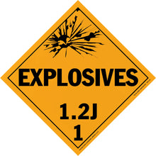 Diamond-shaped orange warning sign for explosives with hazard class 1.2J.