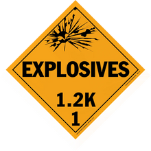 Diamond-shaped orange warning sign for explosives hazard class 1.2K.