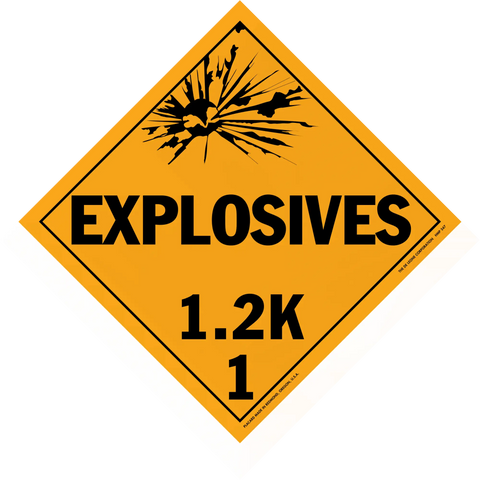 Diamond-shaped orange warning sign for explosives hazard class 1.2K.