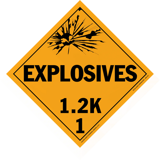 Diamond-shaped orange warning sign for explosives hazard class 1.2K.