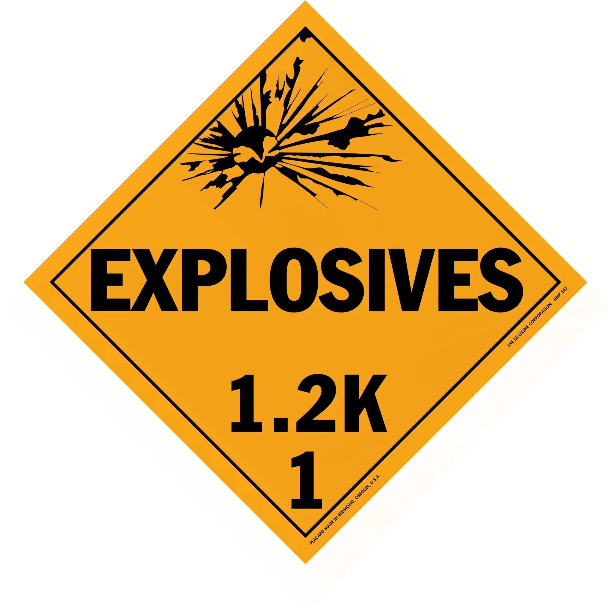 Diamond-shaped orange warning sign for explosives hazard class 1.2K.