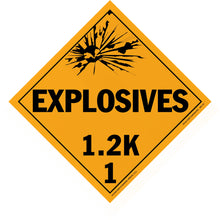 Diamond-shaped orange warning sign for explosives hazard class 1.2K.