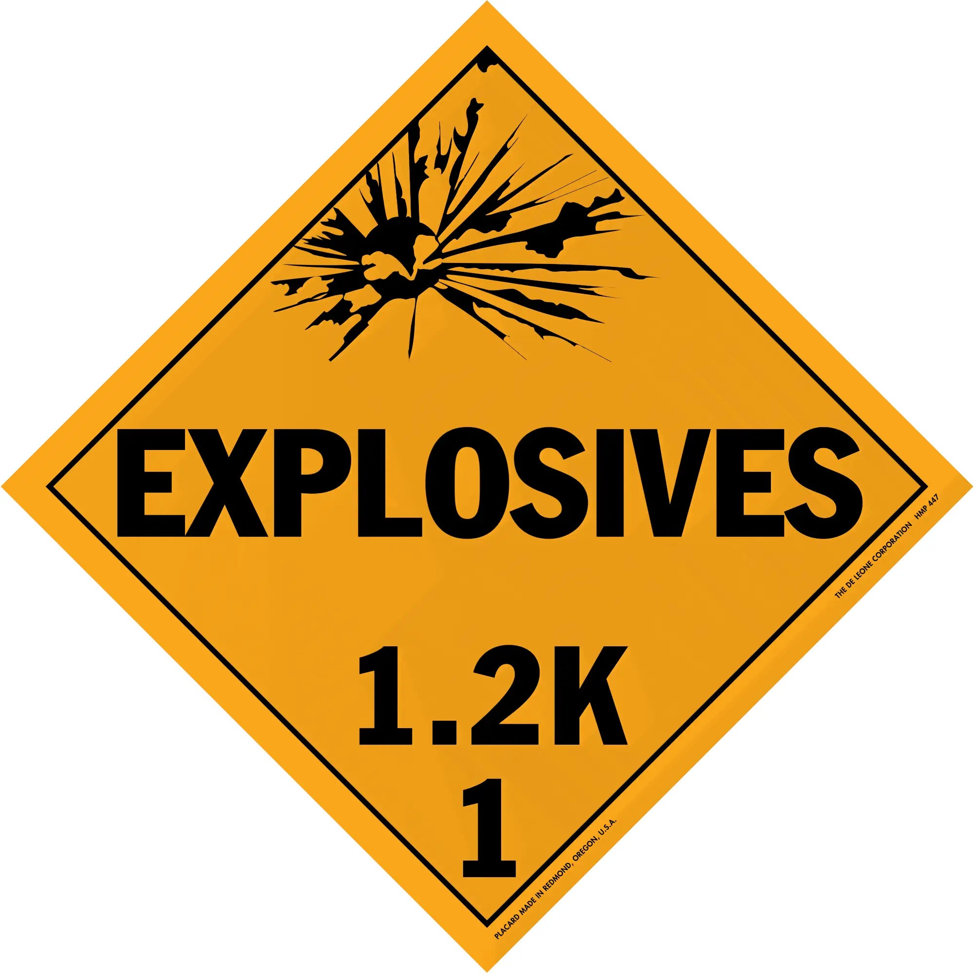 Diamond-shaped orange warning sign for explosives with hazard class 1.2K.
