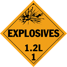 Diamond-shaped orange warning sign for explosives with classification 1.2L.