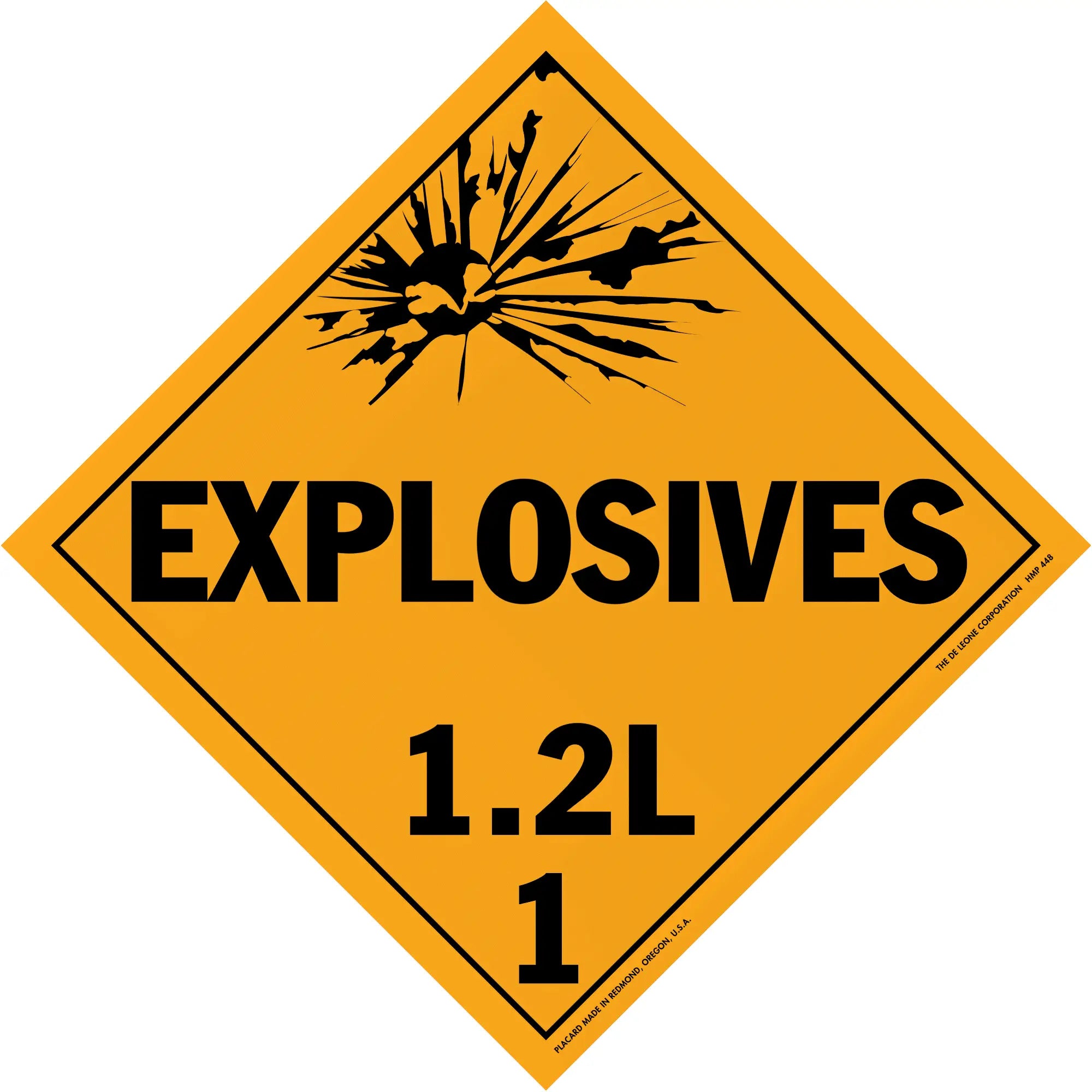 Diamond-shaped orange warning sign for explosives with classification 1.2L.