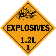 Diamond-shaped orange warning sign for explosives with classification 1.2L.