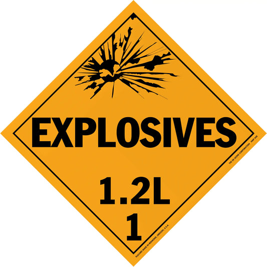 Diamond-shaped orange warning sign for explosives with classification 1.2L.