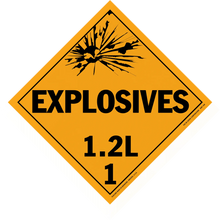 Diamond-shaped orange warning sign for explosives with hazard class 1.2L.