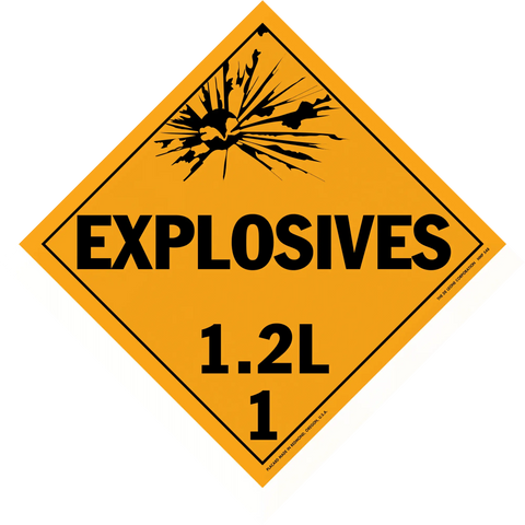 Diamond-shaped orange warning sign for explosives with hazard class 1.2L.