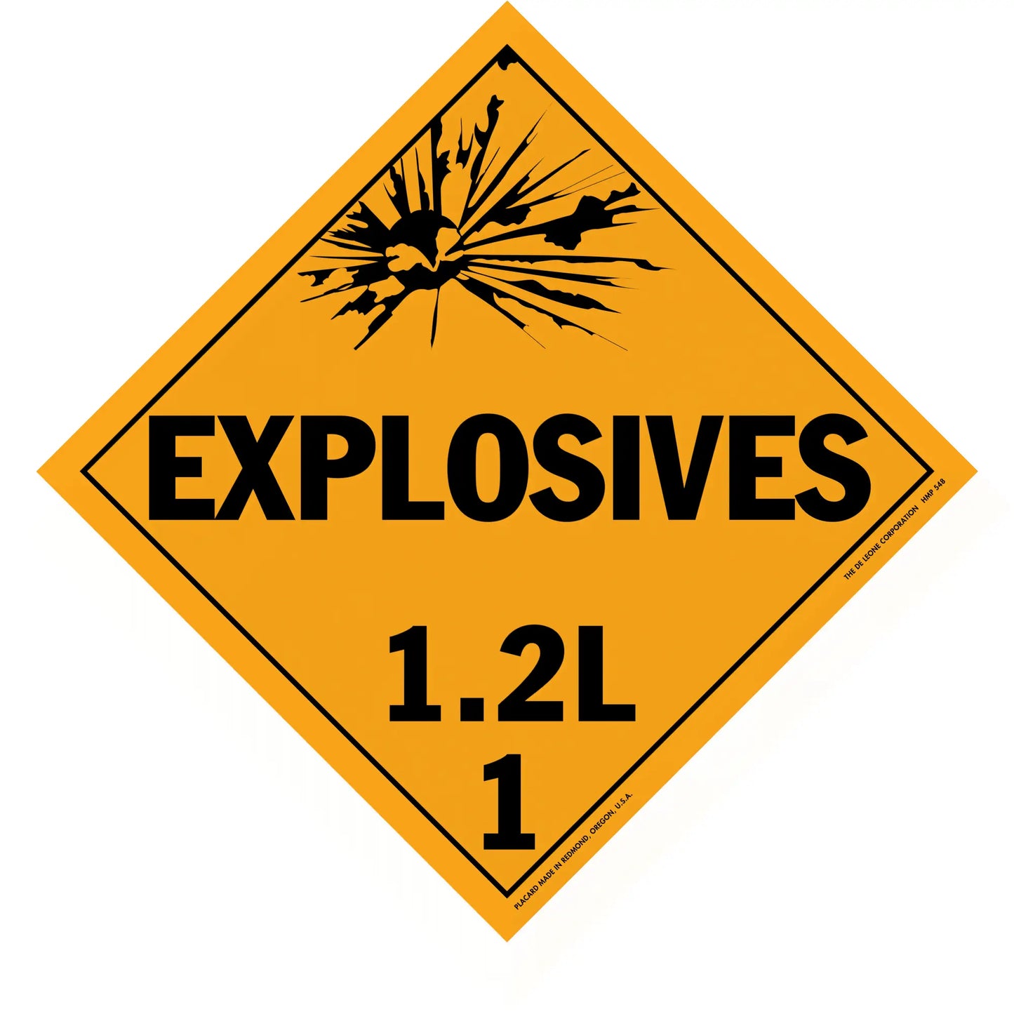 Diamond-shaped orange warning sign for explosives with hazard class 1.2L.