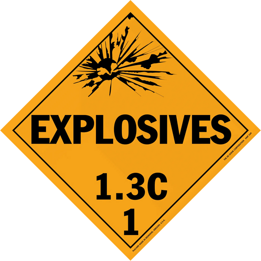 Diamond-shaped orange warning sign for explosives class 1.3C hazardous materials.