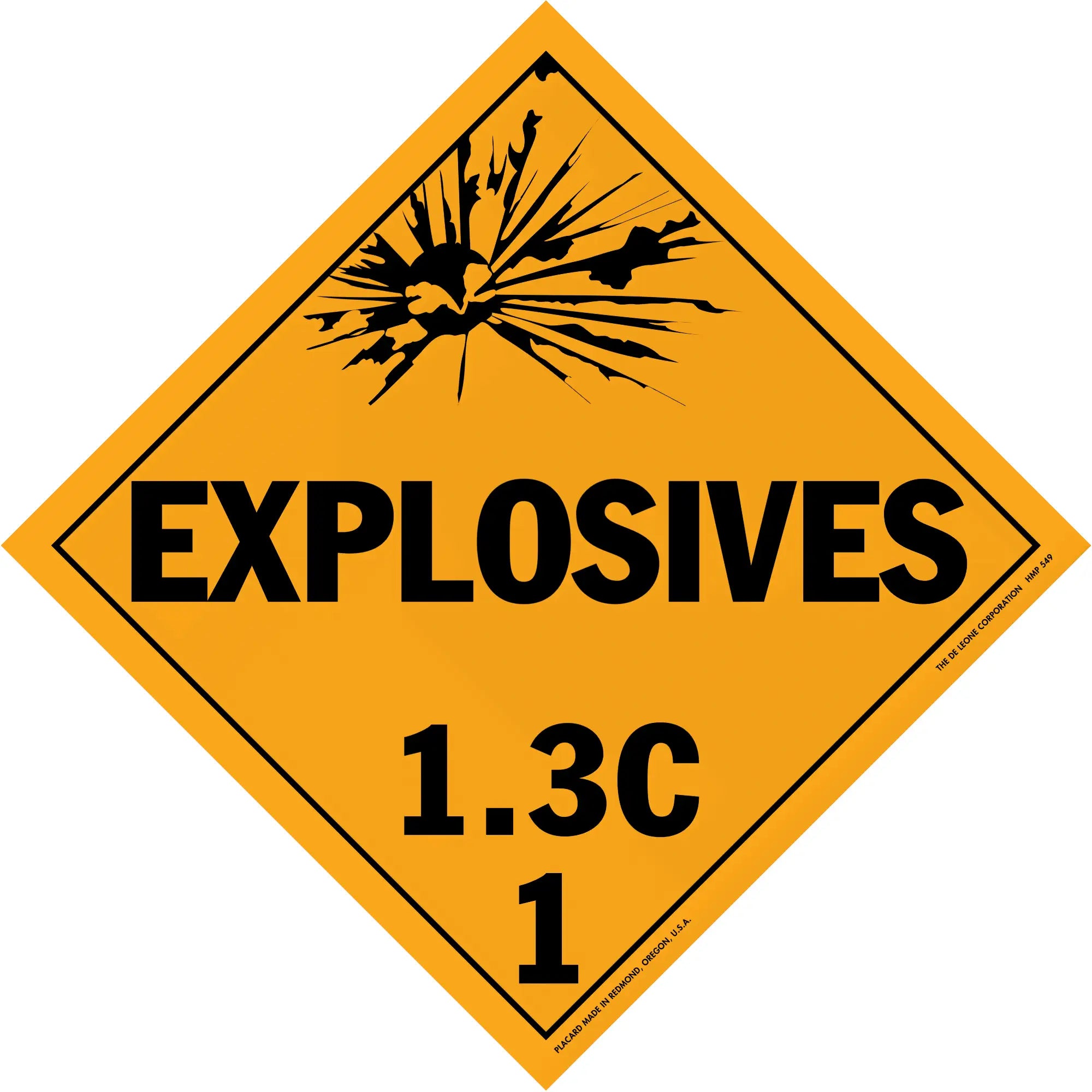 Diamond-shaped orange warning sign for explosives class 1.3C hazardous materials.