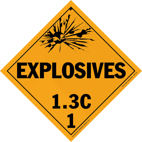 Diamond-shaped orange warning sign for explosives class 1.3C hazardous materials.