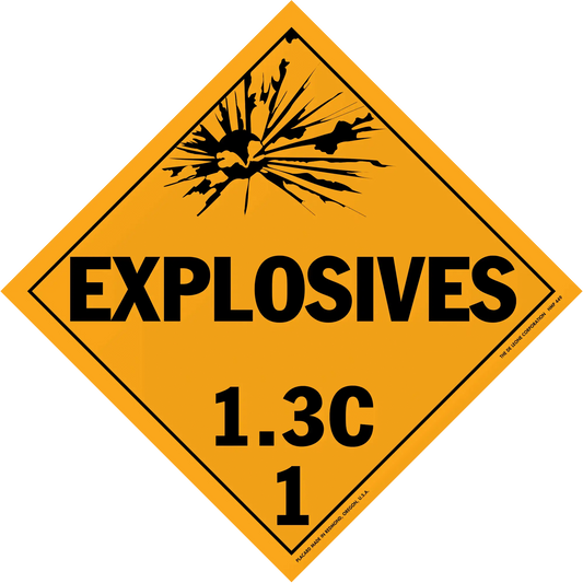 Diamond-shaped orange warning sign for explosives class 1.3C hazardous materials.