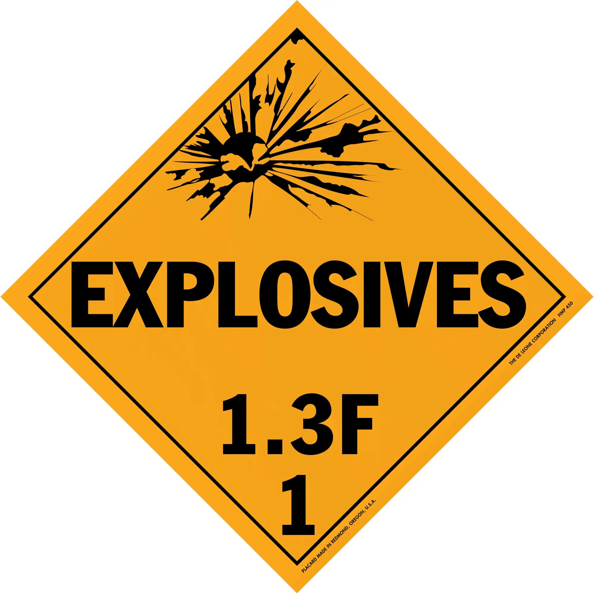 Diamond-shaped orange warning sign for explosives class 1.3F hazardous materials.