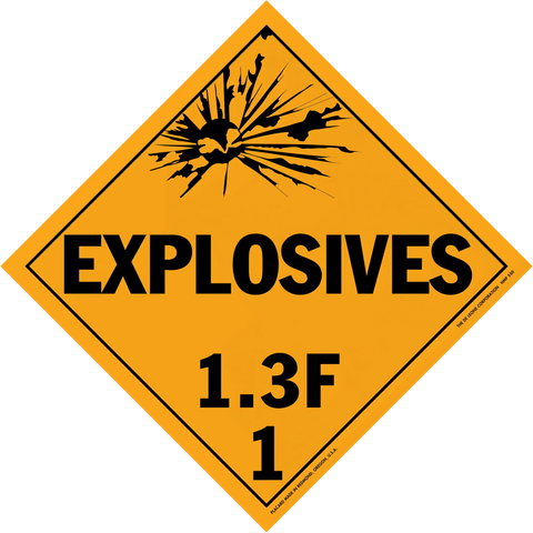 Diamond-shaped orange warning sign for explosives class 1.3F hazardous materials.