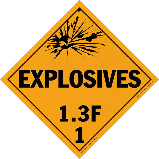 Diamond-shaped orange warning sign for explosives class 1.3F hazardous materials.