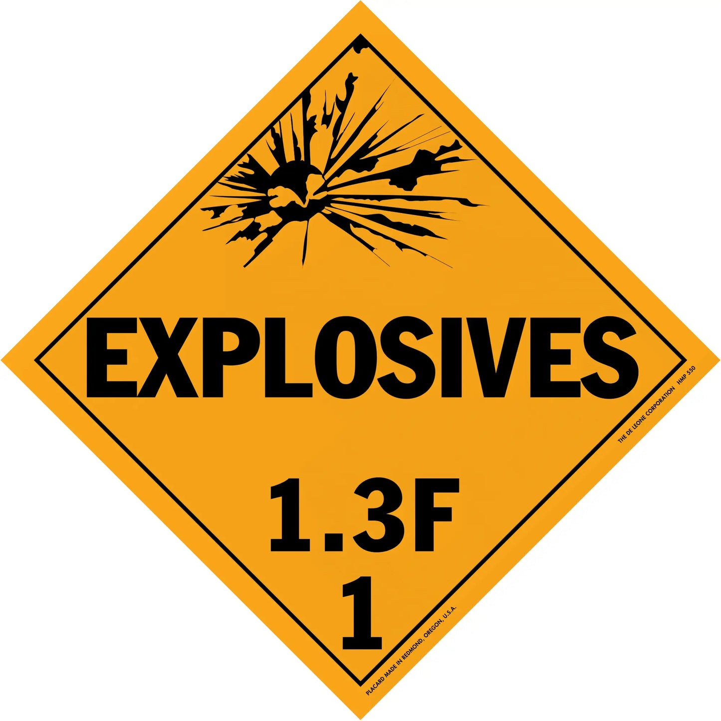 Diamond-shaped orange warning sign for explosives class 1.3F hazardous materials.