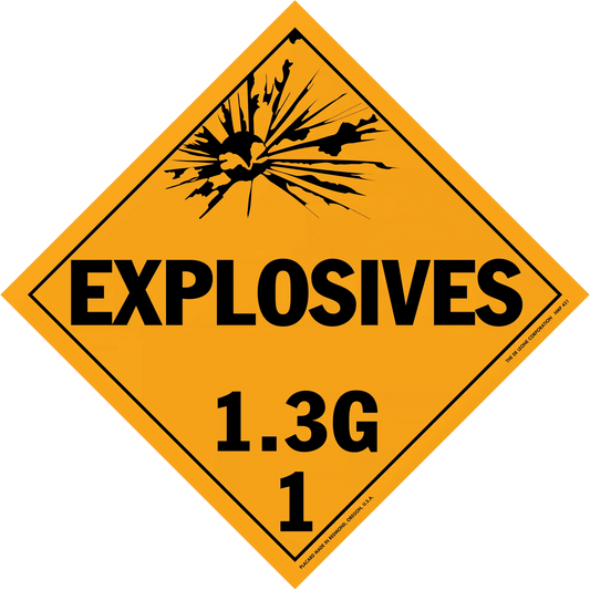 Diamond-shaped orange warning sign for explosives class 1.3G hazardous materials.