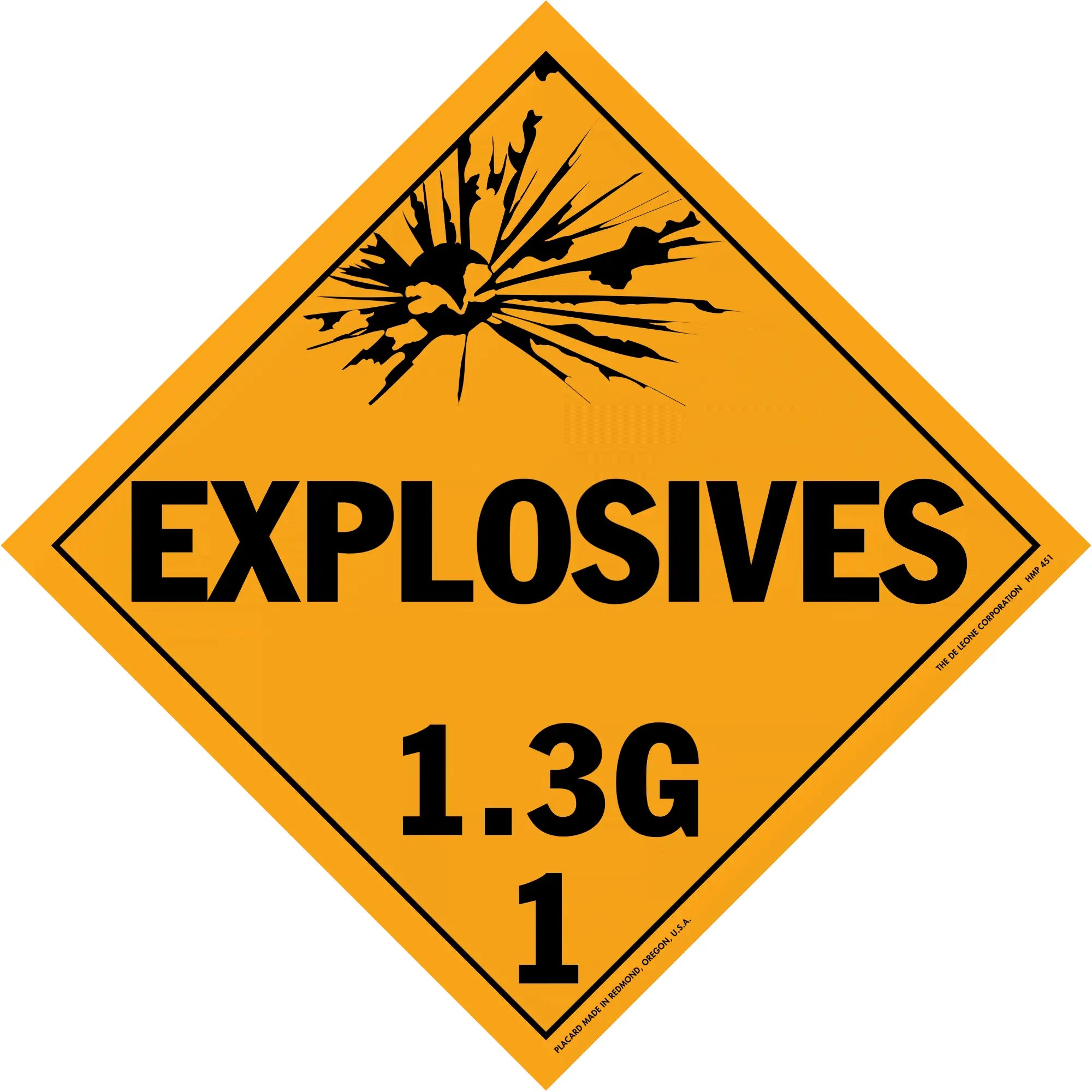 Diamond-shaped orange warning sign for explosives class 1.3G hazardous materials.