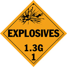 Diamond-shaped orange warning sign for explosives class 1.3G hazardous materials.