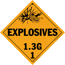 Diamond-shaped orange warning sign for Explosives Class 1.3G hazardous materials.