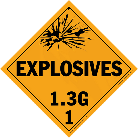 Diamond-shaped orange warning sign for Explosives Class 1.3G hazardous materials.