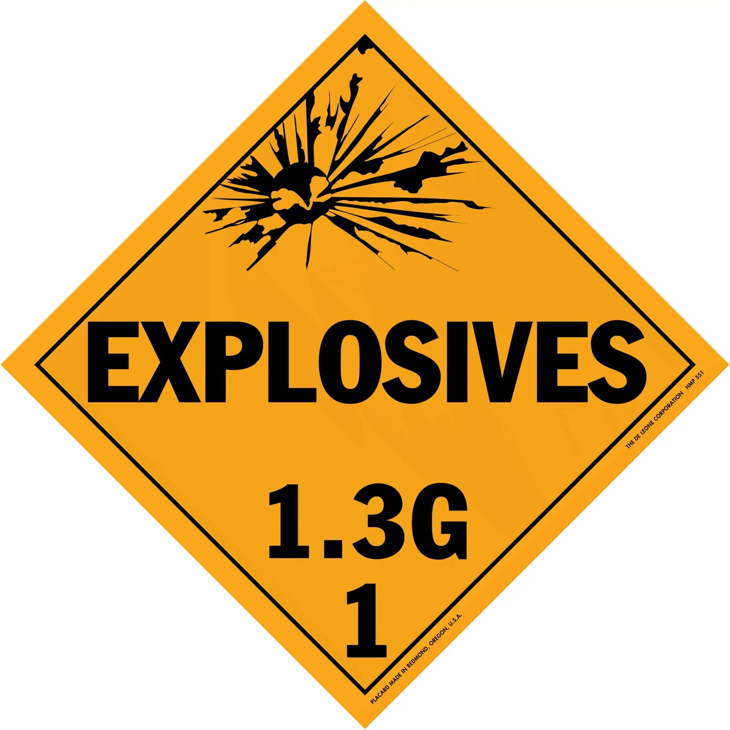 Diamond-shaped orange warning sign for Explosives Class 1.3G hazardous materials.