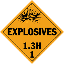 Diamond-shaped orange warning sign for explosives with hazard class 1.3H.